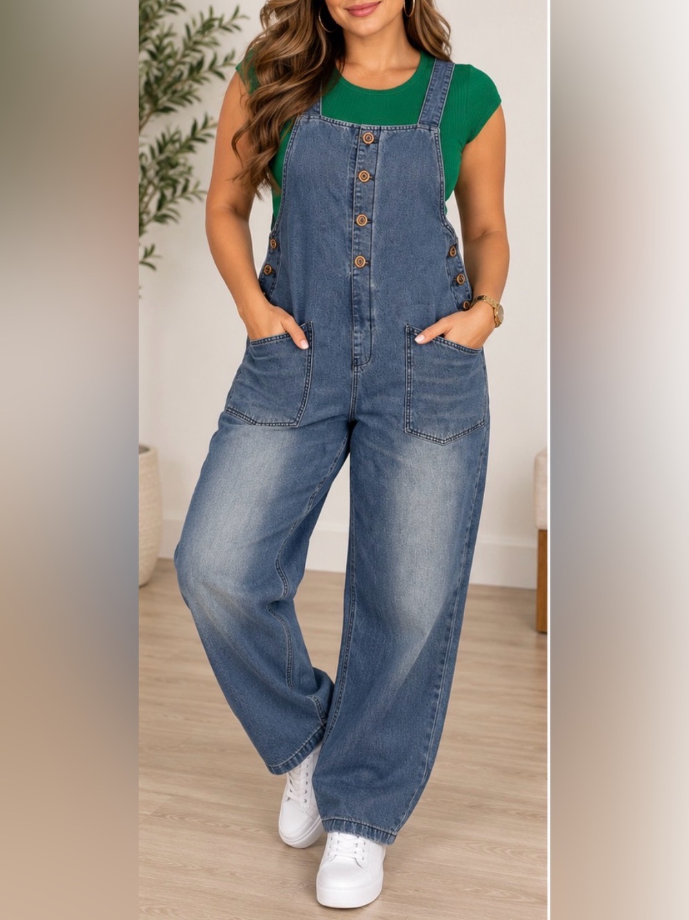 Chouyatou~ Women’s Classic Faded Blue Denim Overalls Casual Straight Leg. L
